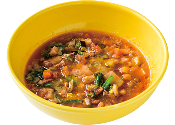 「米の娘ぶたベーコン」と残り野菜のミネストローネ